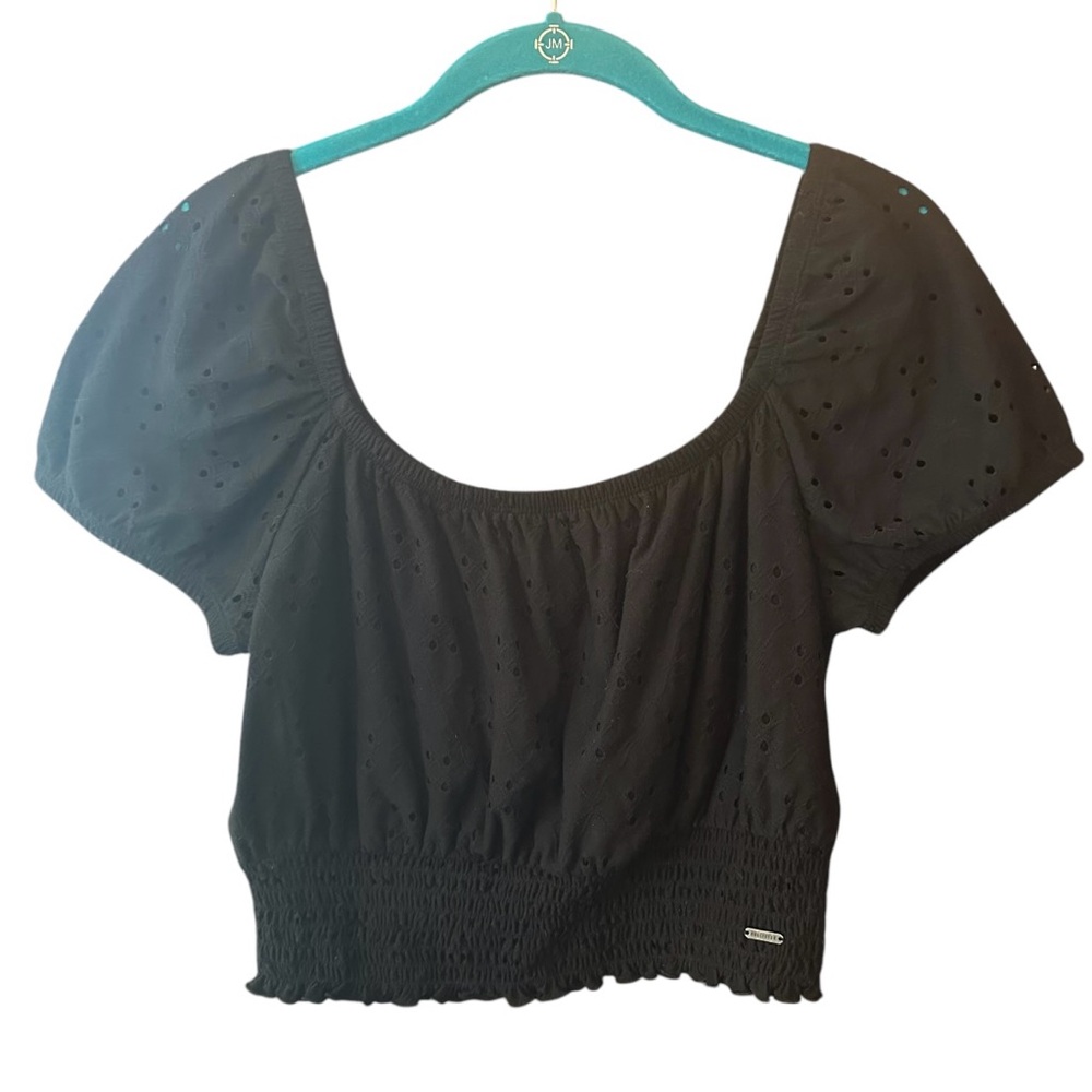 Hollister Cropped Puff Sleeve Pointelle Top Size‎ Medium Black